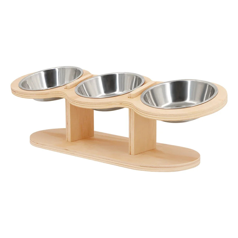 Cat 3 Bowls in 1 Feeder Feeding & Watering Supplies Food Bowl 15-Degree Tilt Raised Puppy 3 Stainless Steel Bowls Wood Brackets
