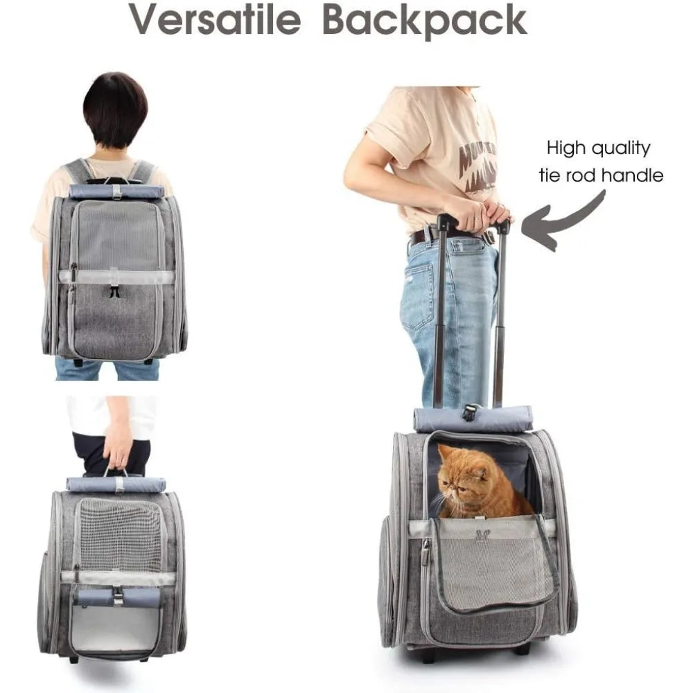 Pet Rolling Carrier, Dog Backpack with Wheels, Cats, Puppies Travel Bag with Wheels, Dog Trolley (Grey)