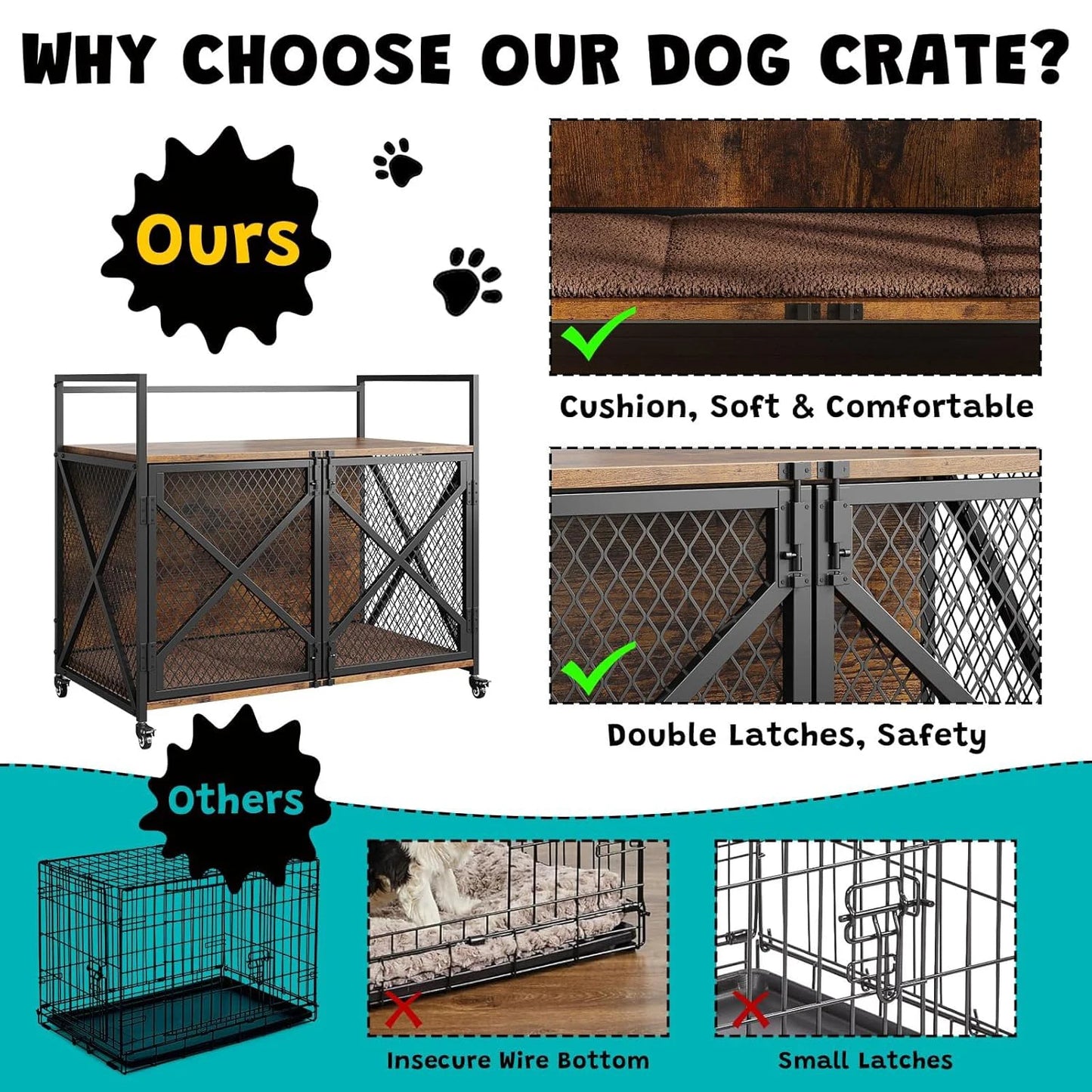 Large Wooden Dog Crate Furniture, Decorative End Table Indoor Dog House, With Lockable Wheels For Dogs, Heavy Duty Dog Cage