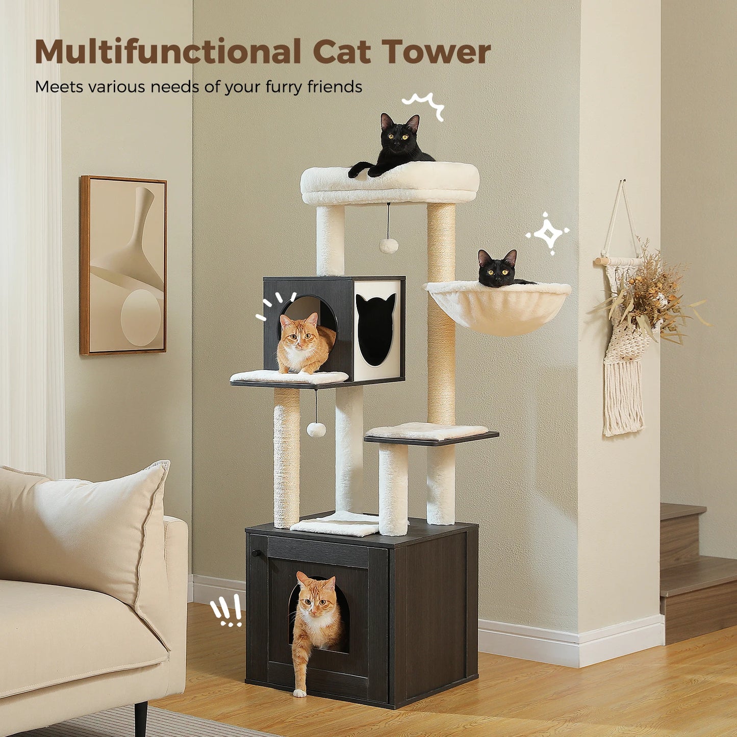 Wood Cat Tree with Storage Cabinet Sisal Scratching Posts Cozy Condo Hammock Dangling Balls Large Cat Tower for Indoor Cat Toys