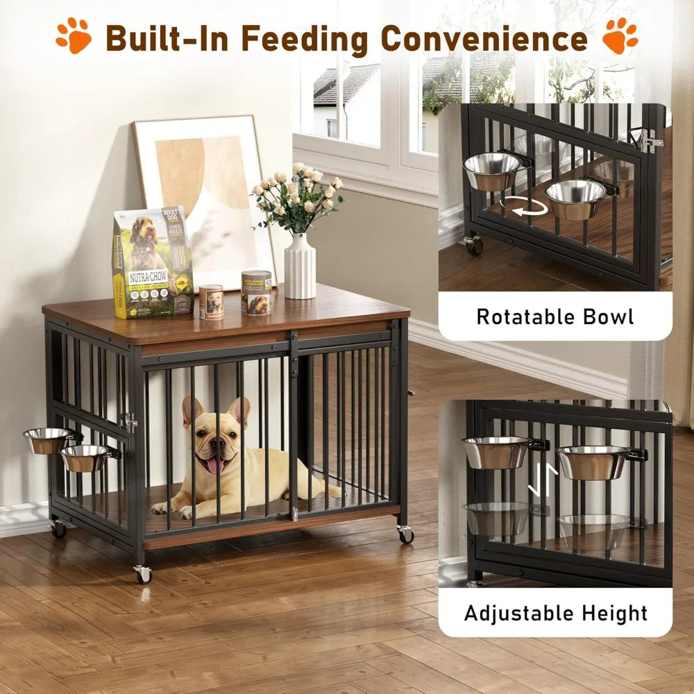 32’’ Wooden Dog Kennel Indoor with Sliding Front Door, Multi-Side Openings & Feeding Window Pet Cage House