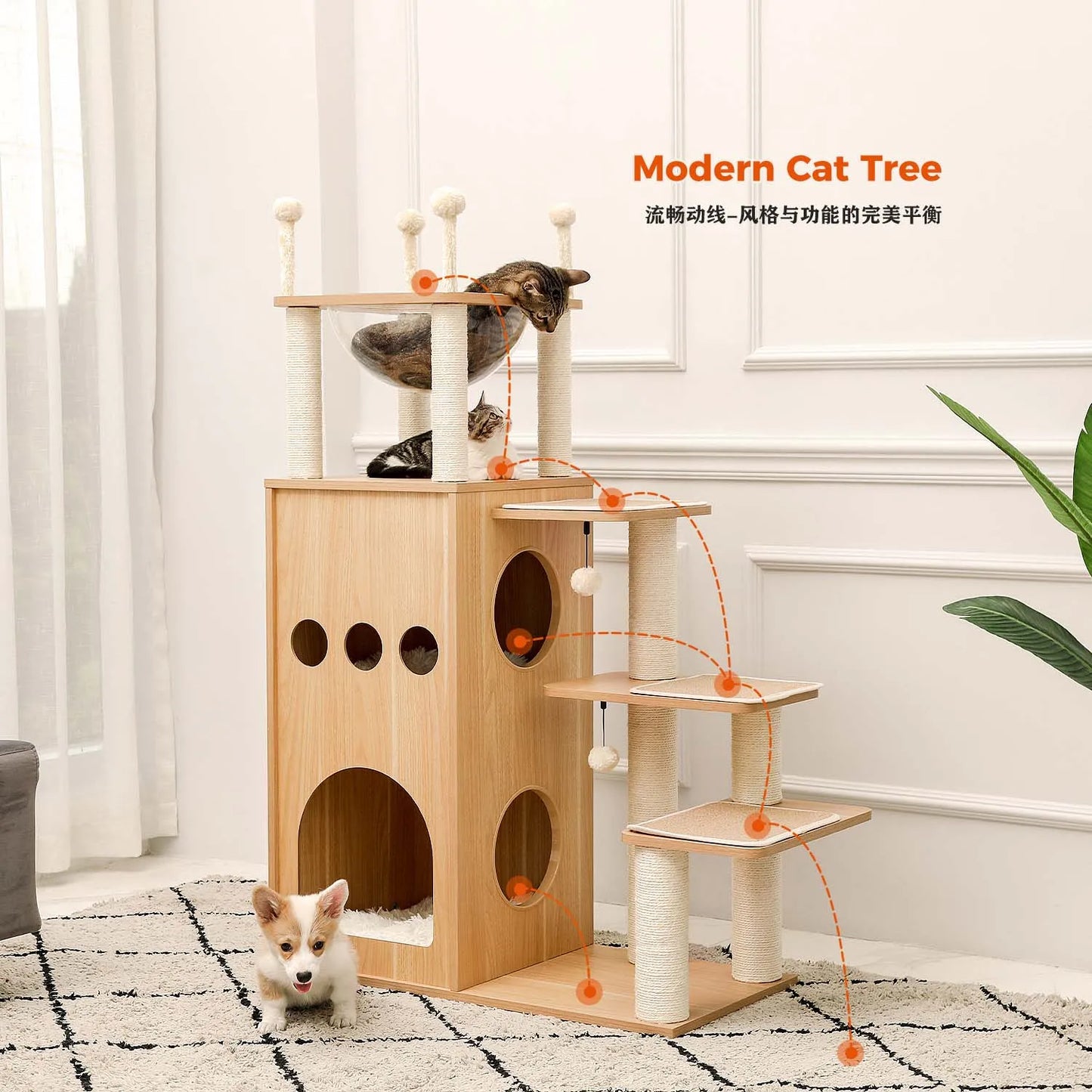 Modern Cat Tree for Large Cat Wood Cat Tower Heavy Duty with Scratch Post for Indoor Big Cats Cat Condo Sturdy Frisco Castle