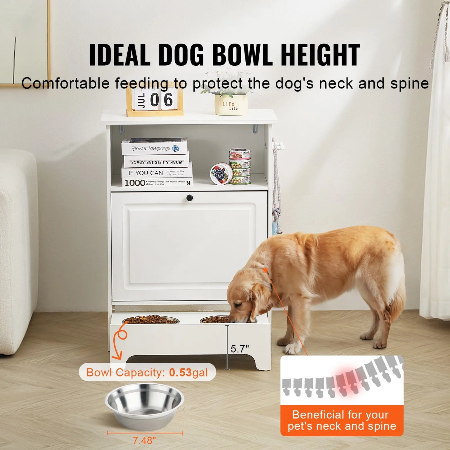 Pet Feeding Station w/ 2 Elevated Dog Bowls Dog Food & Toy Storage Cabinet