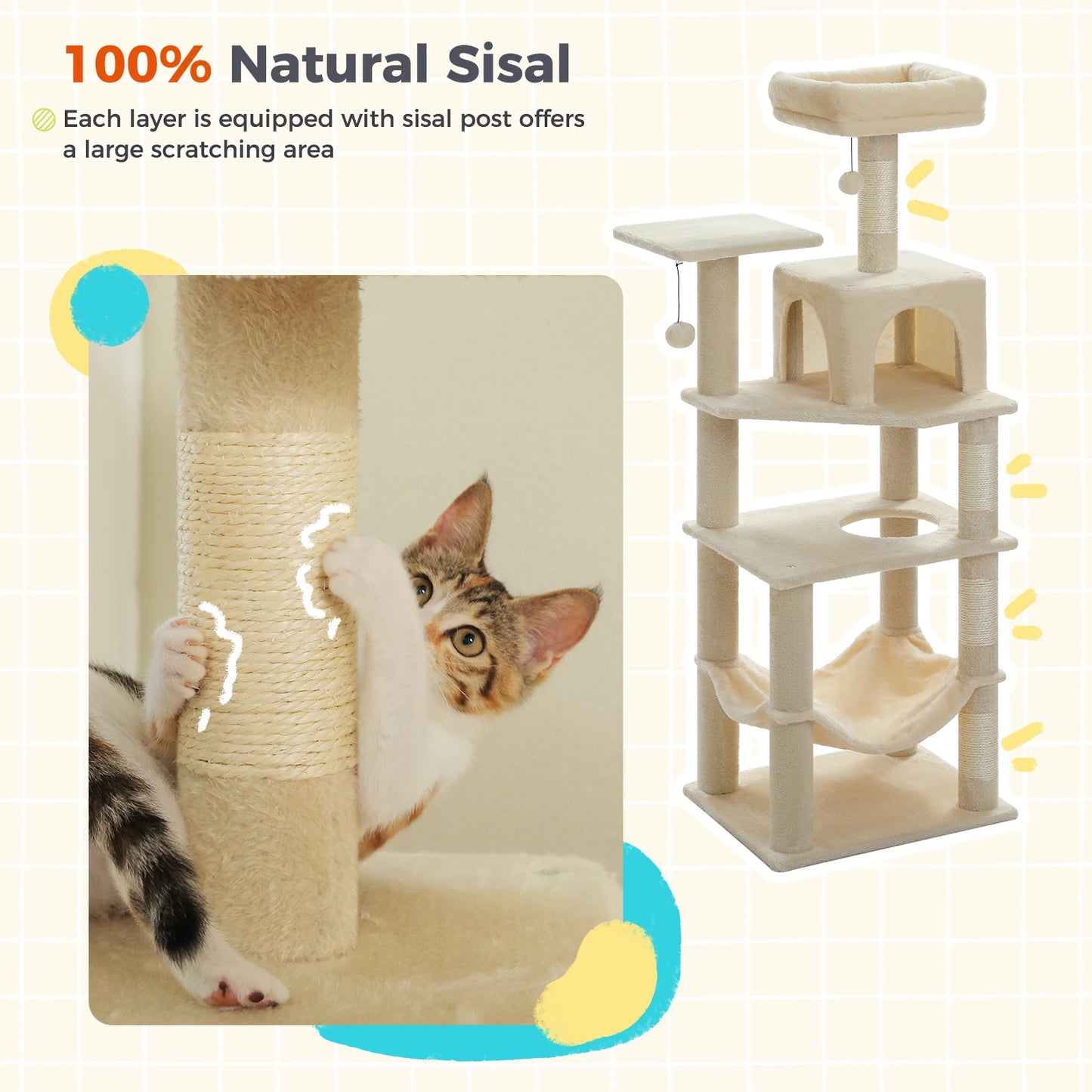 Multi-Level Cat Tree Tower with Private Condo,Top Perches,Large Soft Hammock,Interactive Pompom,Natural Sisal Scratching Posts