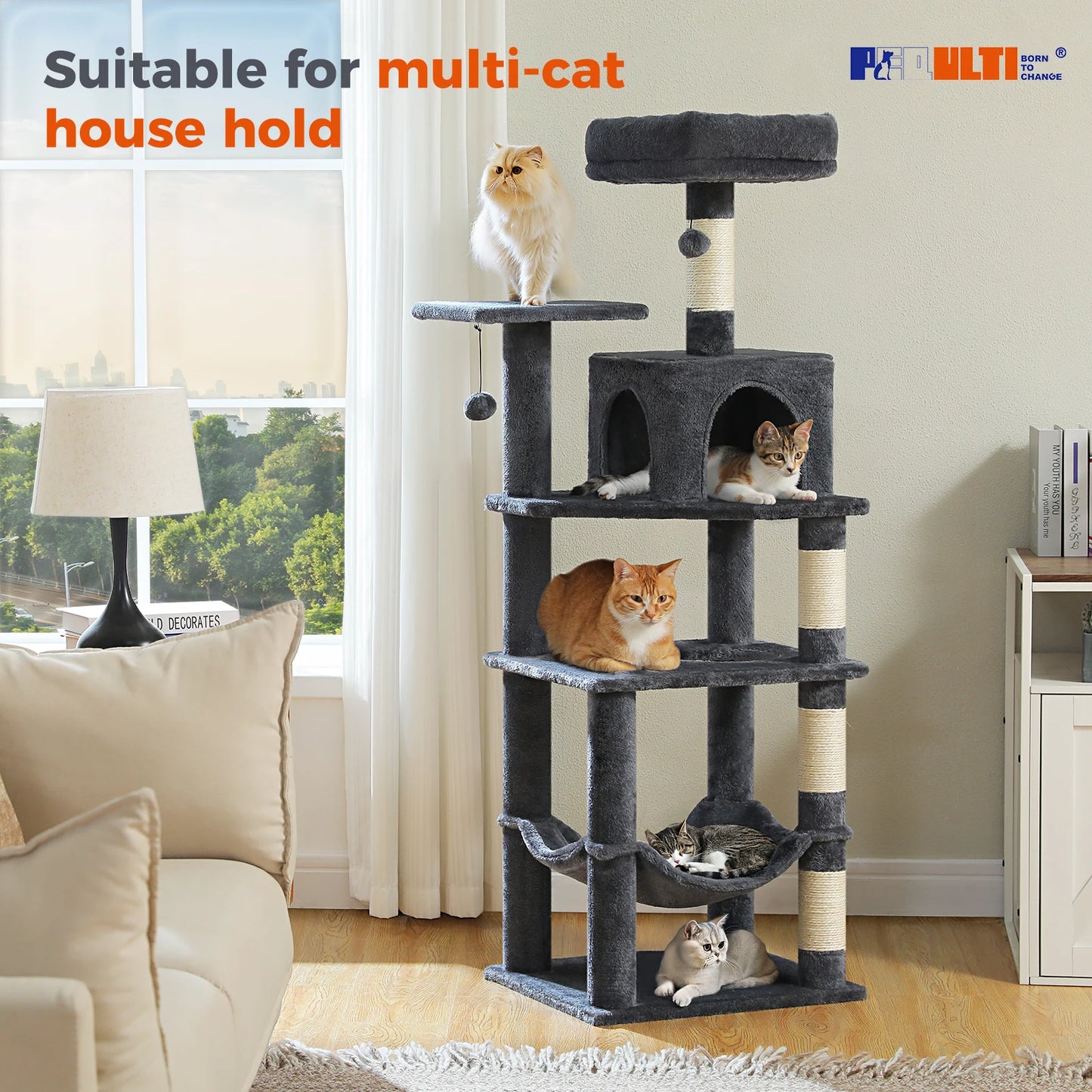 Multi-Level Cat Tree Tower with Private Condo,Top Perches,Large Soft Hammock,Interactive Pompom,Natural Sisal Scratching Posts