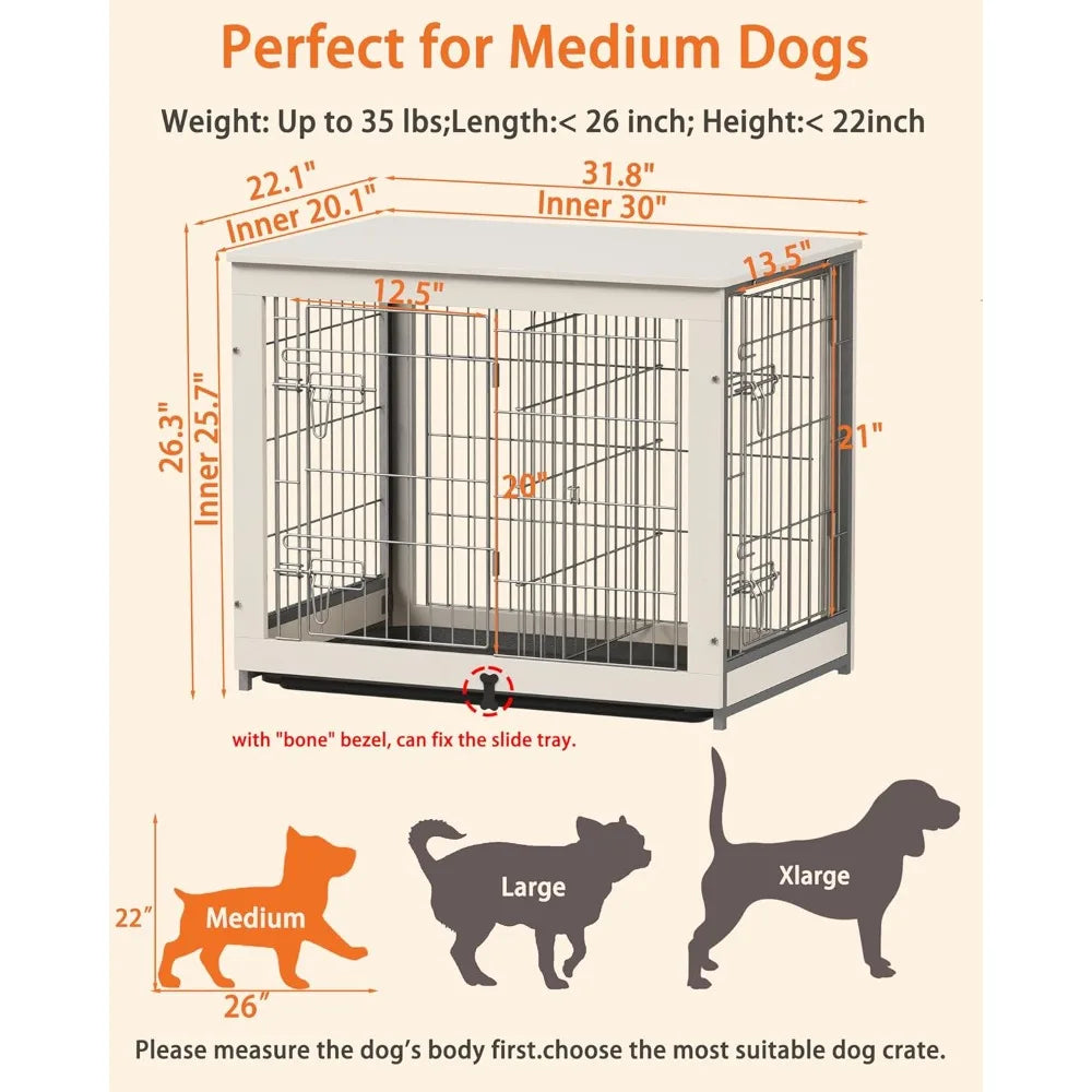 Wooden Dog Crate Furniture with Divider, End Table Design, and Double Door Kennel with Removable Tray