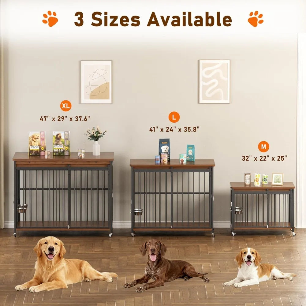 32’’ Wooden Dog Kennel Indoor with Sliding Front Door, Multi-Side Openings & Feeding Window Pet Cage House