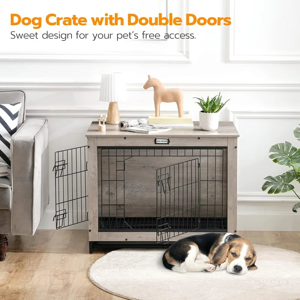 Free Delivery - Dog Crate Furniture, 32.5" Medium Dog Kennel Indoor, Wooden Cage with Pull-Out Tray, Double Doors Pet House