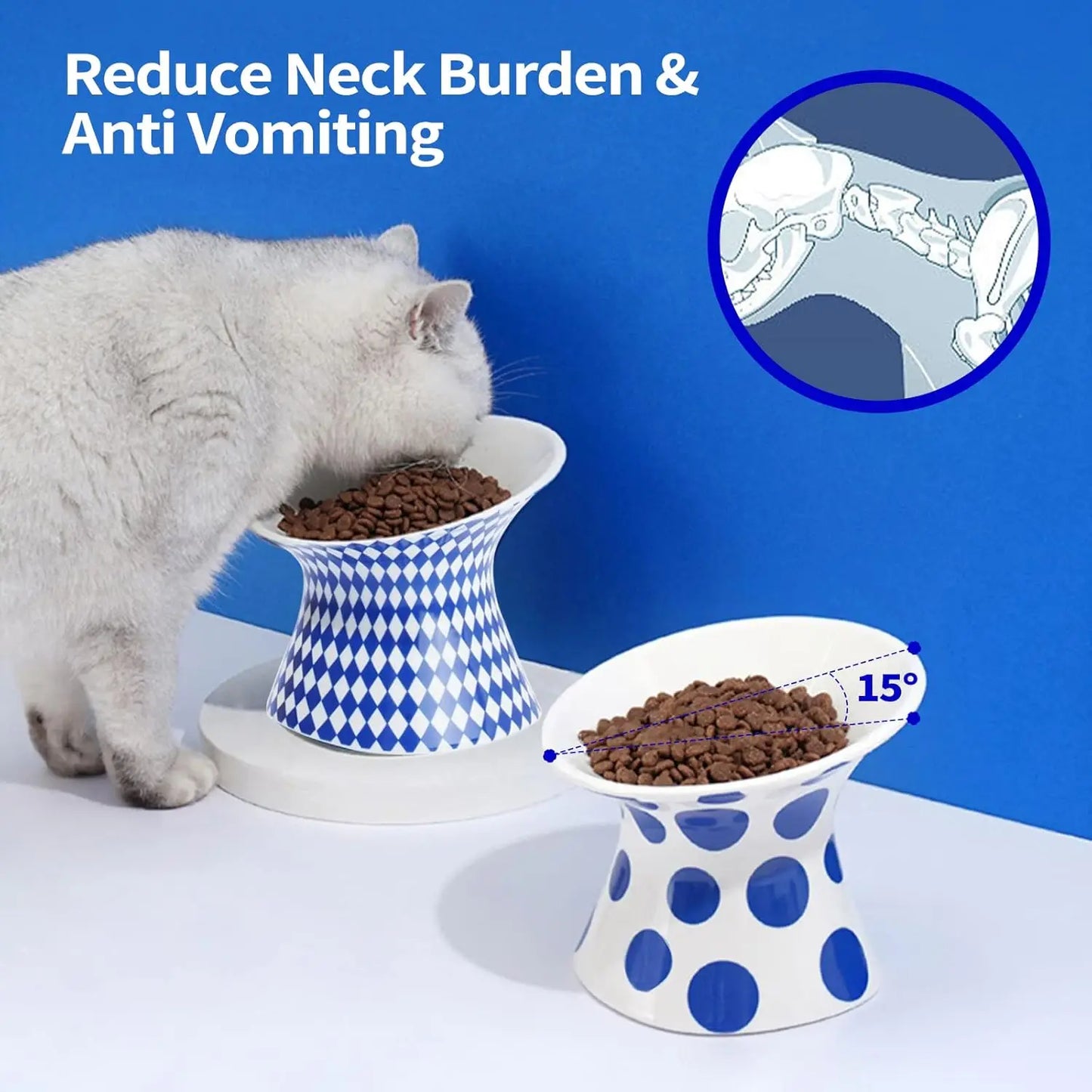 Elevated Cat Ceramic Bowls Extra Wide Raised Cat Food and Water Tilted Bowls Anti Vomiting Stress Free Cat Feeder Bowls
