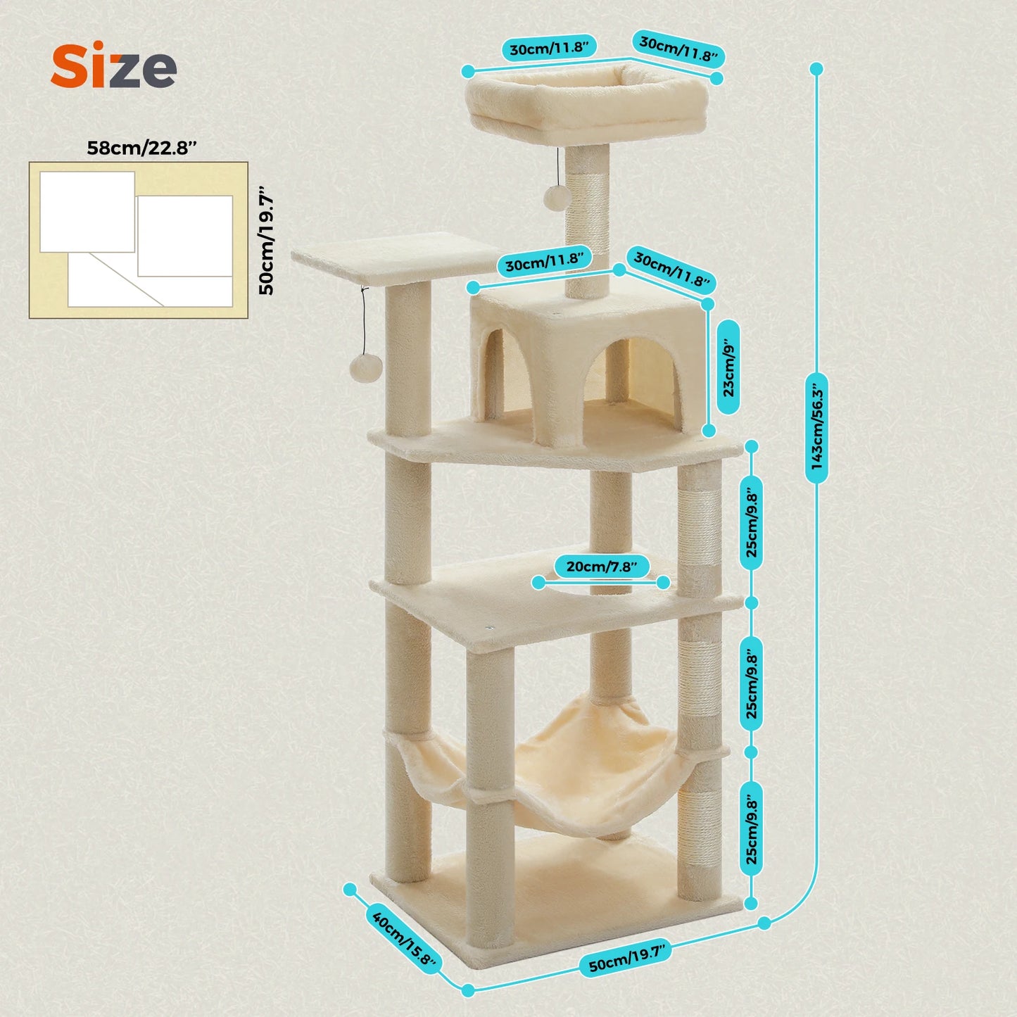 Multi-Level Cat Tree Tower with Private Condo,Top Perches,Large Soft Hammock,Interactive Pompom,Natural Sisal Scratching Posts