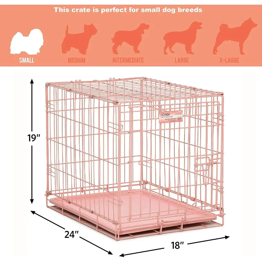 24Inch Pink Fashion iCrate Single Door Folding Dog Crate with Enhanced Security Features Ideal for Home and Travel Use Includes
