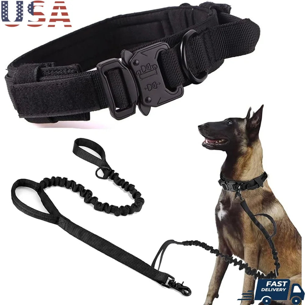 Adjustable Tactical Dog Collar Leash Set Military Nylon Heavy Duty with Control Handle Large Dog Training Walking Hunting