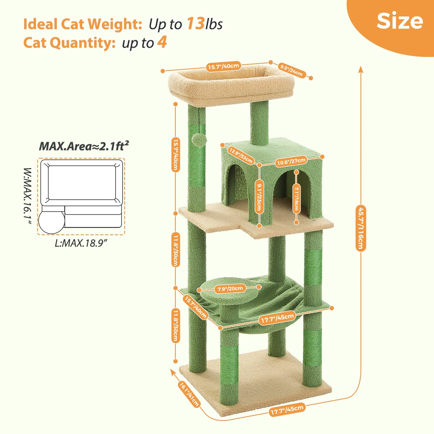 PAWZ Road Cactus Cat Tree Tower For Cats With Hammock