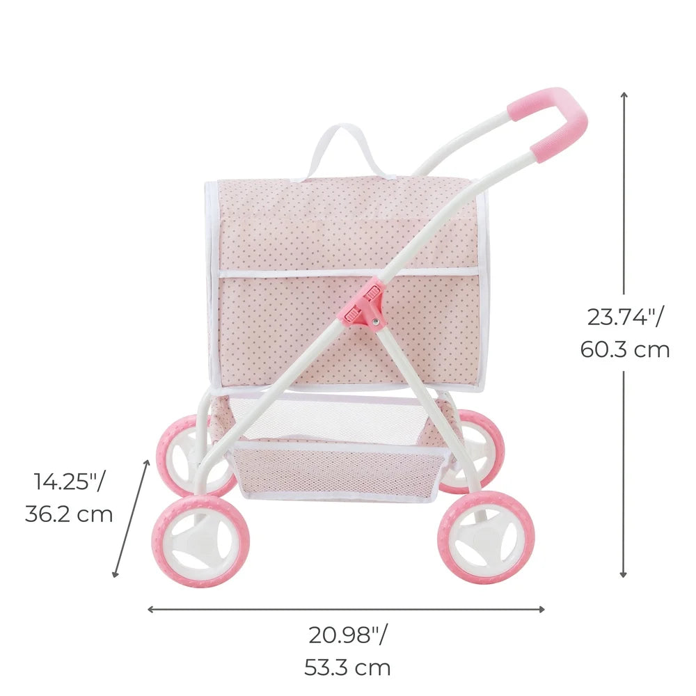 2-in-1 Pretend Pet Stroller Carrier Durable Pink Gray Polka Dot Storage Basket Collapsible Design Kid Safe Metal Frame