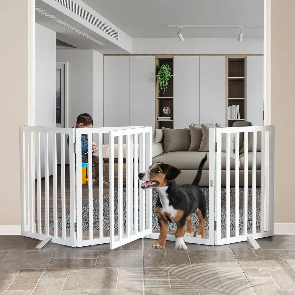 Foldable Dog Gate Indoor with Door, Wooden White Dog Fence for Doorway, Stairs, House, or Room, Pet Gate with Support