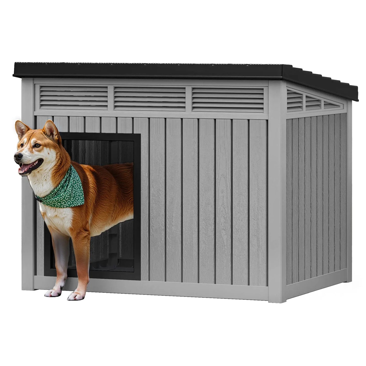 Gray Plastic Dog House with Liftable Roof Outdoor Indoor Dog Kennel w/ Air Vents