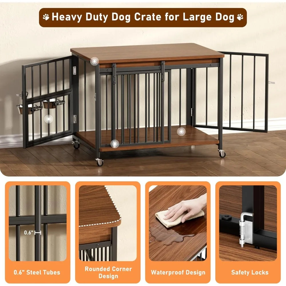 32’’ Wooden Dog Kennel Indoor with Sliding Front Door, Multi-Side Openings & Feeding Window Pet Cage House