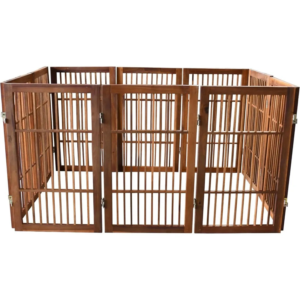 Pet Dog Gate Strong and Durable Freestanding Folding Acacia Hardwood Portable Wooden Fence Indoors or Outdoors