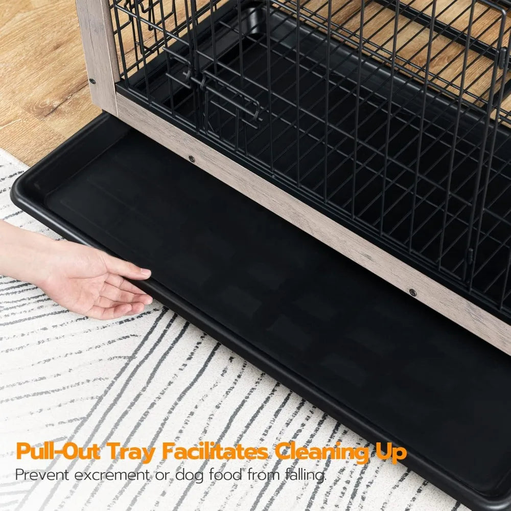 Free Delivery - Dog Crate Furniture, 32.5" Medium Dog Kennel Indoor, Wooden Cage with Pull-Out Tray, Double Doors Pet House