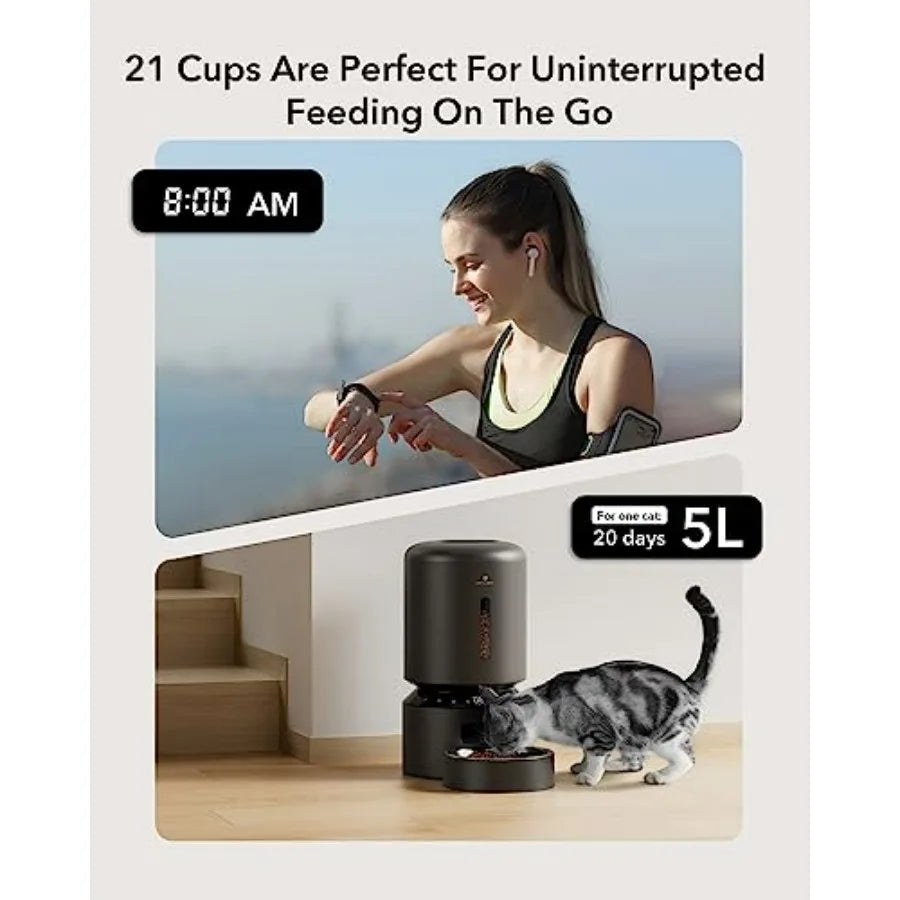 Automatic Cat Feeder and Dog Feeder with Freshness Preservation for Dry Food 5L Capacity Timed Feeder Supporting Up to 6 Meals