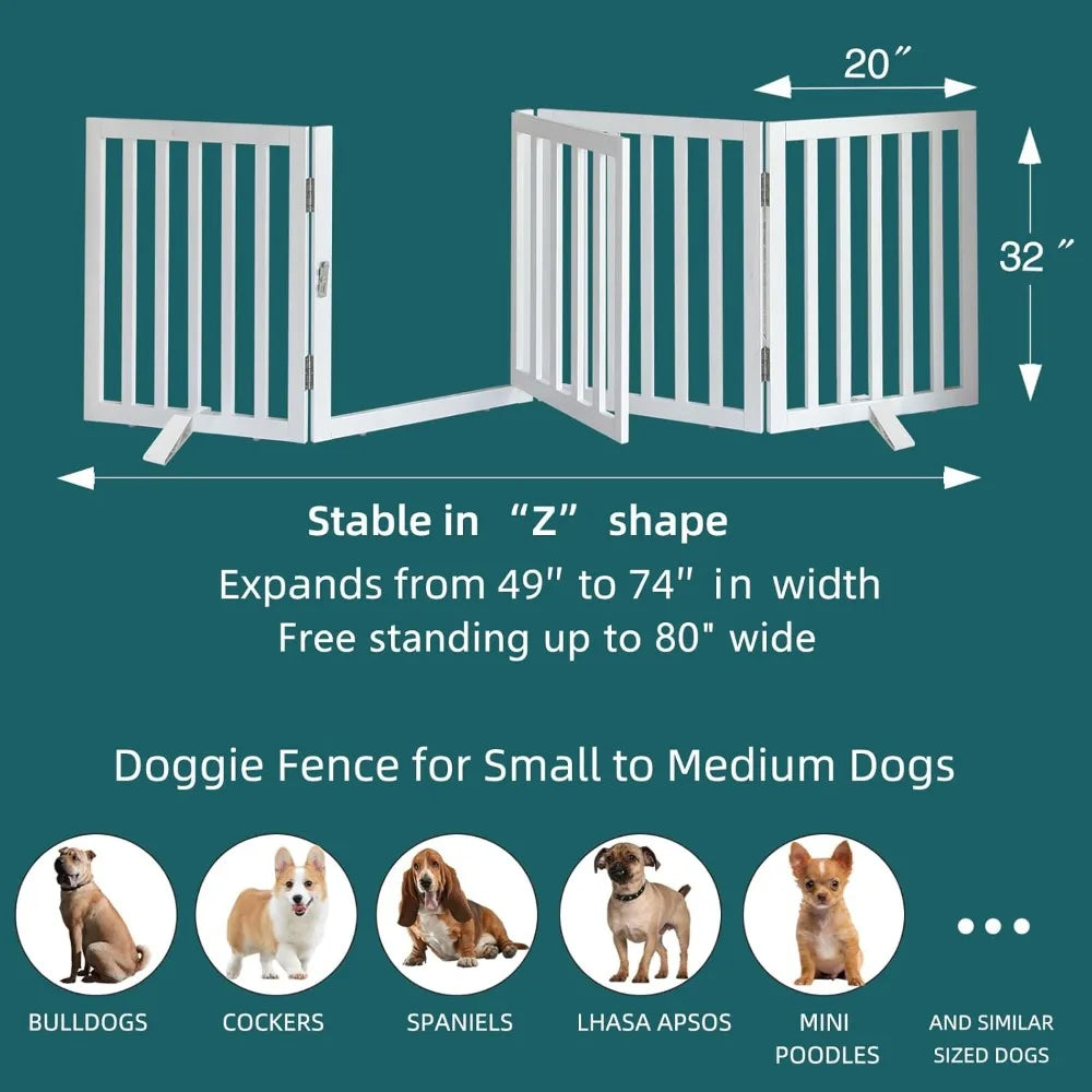 Foldable Dog Gate Indoor with Door, Wooden White Dog Fence for Doorway, Stairs, House, or Room, Pet Gate with Support