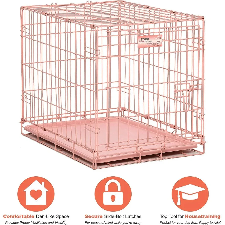 24Inch Pink Fashion iCrate Single Door Folding Dog Crate with Enhanced Security Features Ideal for Home and Travel Use Includes