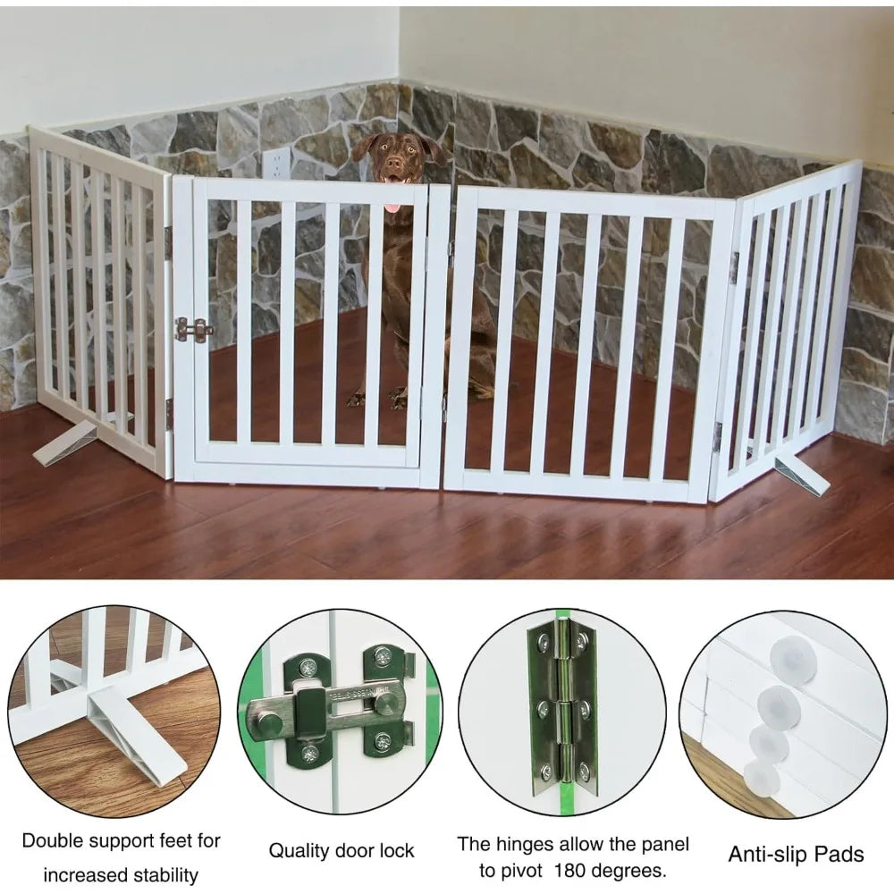 Foldable Dog Gate Indoor with Door, Wooden White Dog Fence for Doorway, Stairs, House, or Room, Pet Gate with Support
