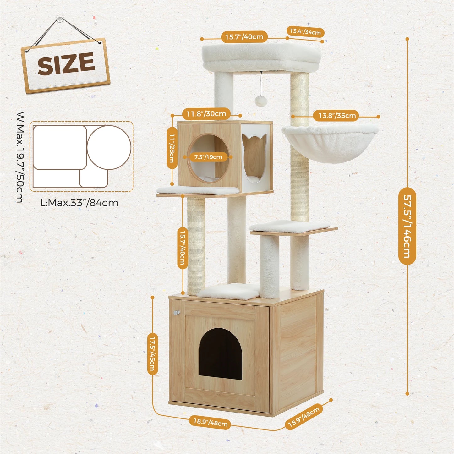 Wood Cat Tree with Storage Cabinet Sisal Scratching Posts Cozy Condo Hammock Dangling Balls Large Cat Tower for Indoor Cat Toys