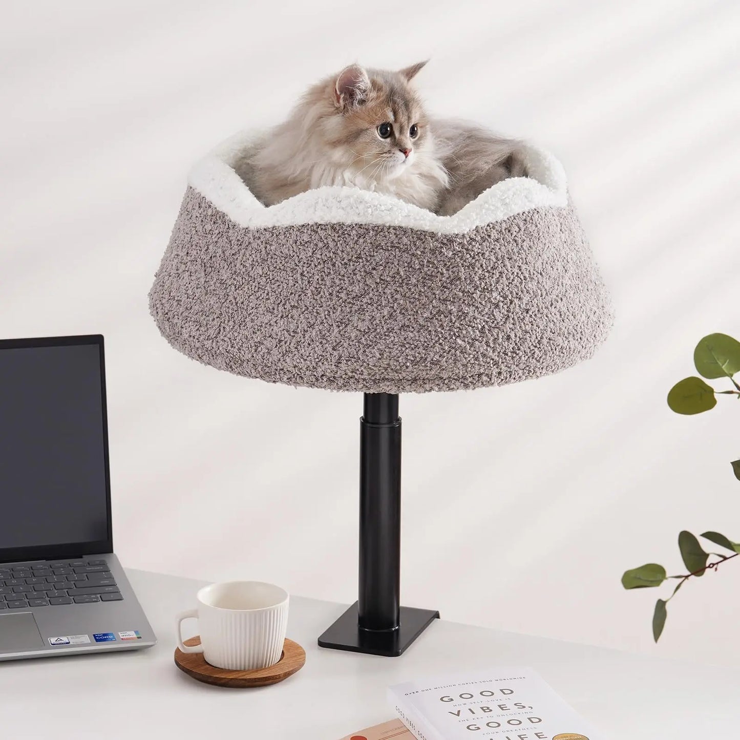 MEWOOFUN Cat Desk Bed Desk Perch with 360 Rotation Adjustable Height Full Wrap Around Edges Comfortable Pet Bed Desktop For Cats