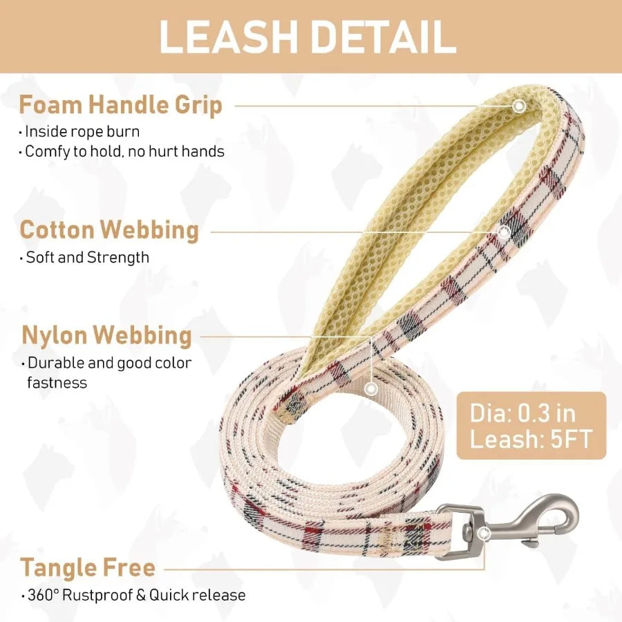 Adjustable Soft Mesh Dog Harness Collar and Leash Set for Small Dogs Puppies Cats Kittens Rabbits with Reflective Plaid Design