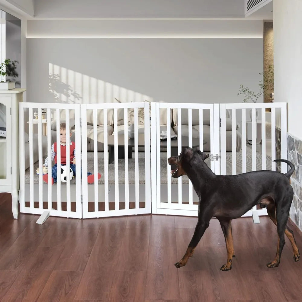 Foldable Dog Gate Indoor with Door, Wooden White Dog Fence for Doorway, Stairs, House, or Room, Pet Gate with Support