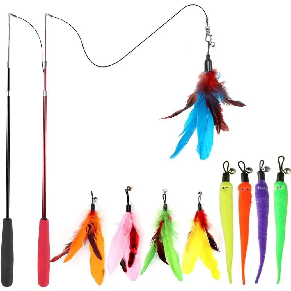 Cat Interactive Retractable Wand Toy Kit With Feather Toys For Indoor Cats