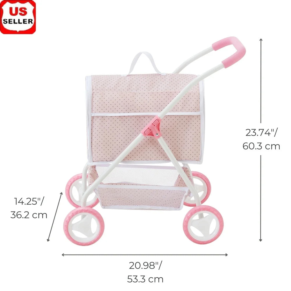 2-in-1 Pretend Pet Stroller Carrier Durable Pink Gray Polka Dot Storage Basket Collapsible Design Kid Safe Metal Frame