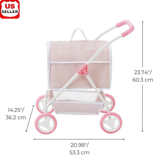 2-in-1 Pretend Pet Stroller Carrier Durable Pink Gray Polka Dot Storage Basket Collapsible Design Kid Safe Metal Frame