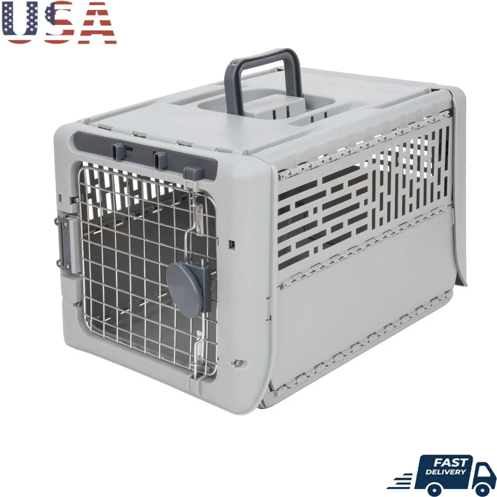 Collapsible Plastic Dog Kennel Portable Foldable Pet Carrier with Locking Metal Gate Ventilation Indoor Outdoor Use