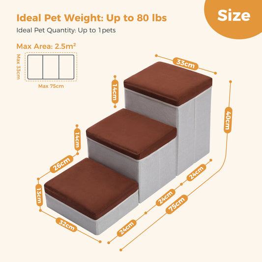 3-Tier Dog Stairs Foldable Pet Stair with Storage Box Adjustable Height Dog Steps for Small Old Dog Cat Non-Slip Pet Ramp Indoor