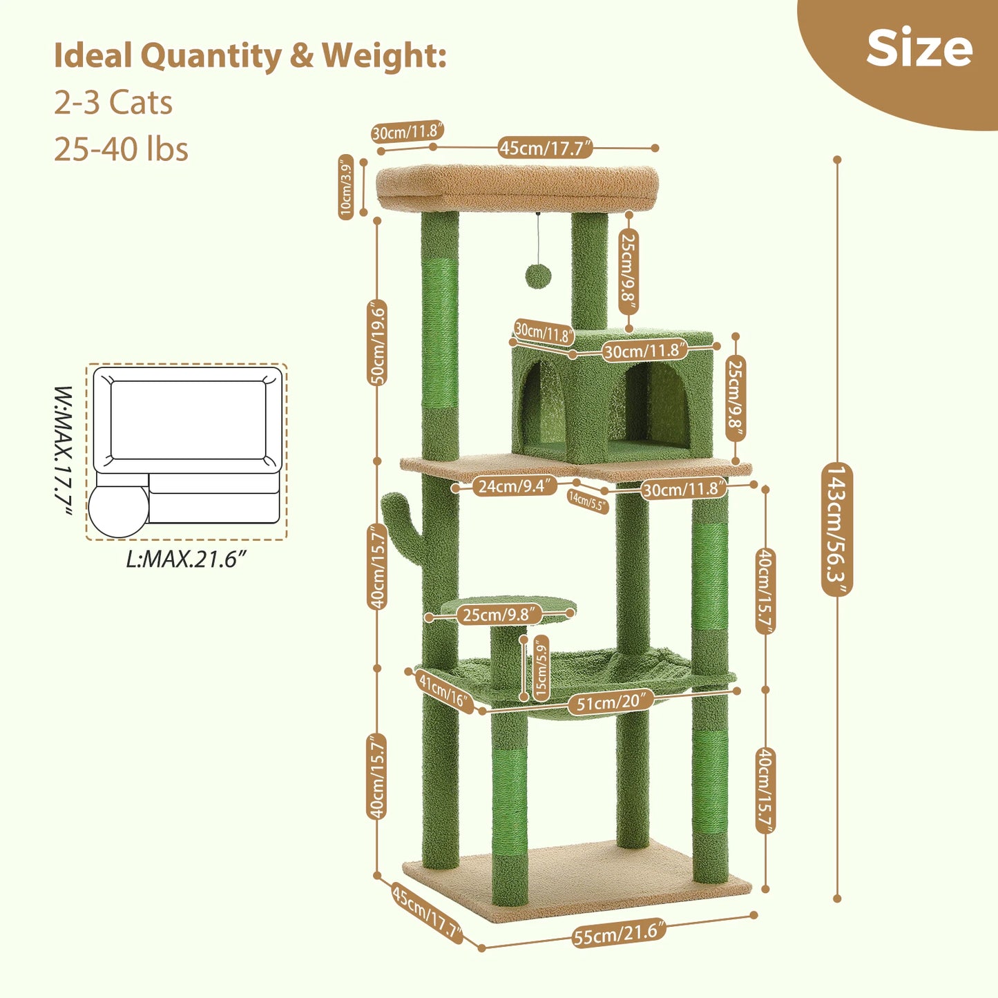 PAWZ Road Cactus Cat Tree Tower For Cats With Hammock