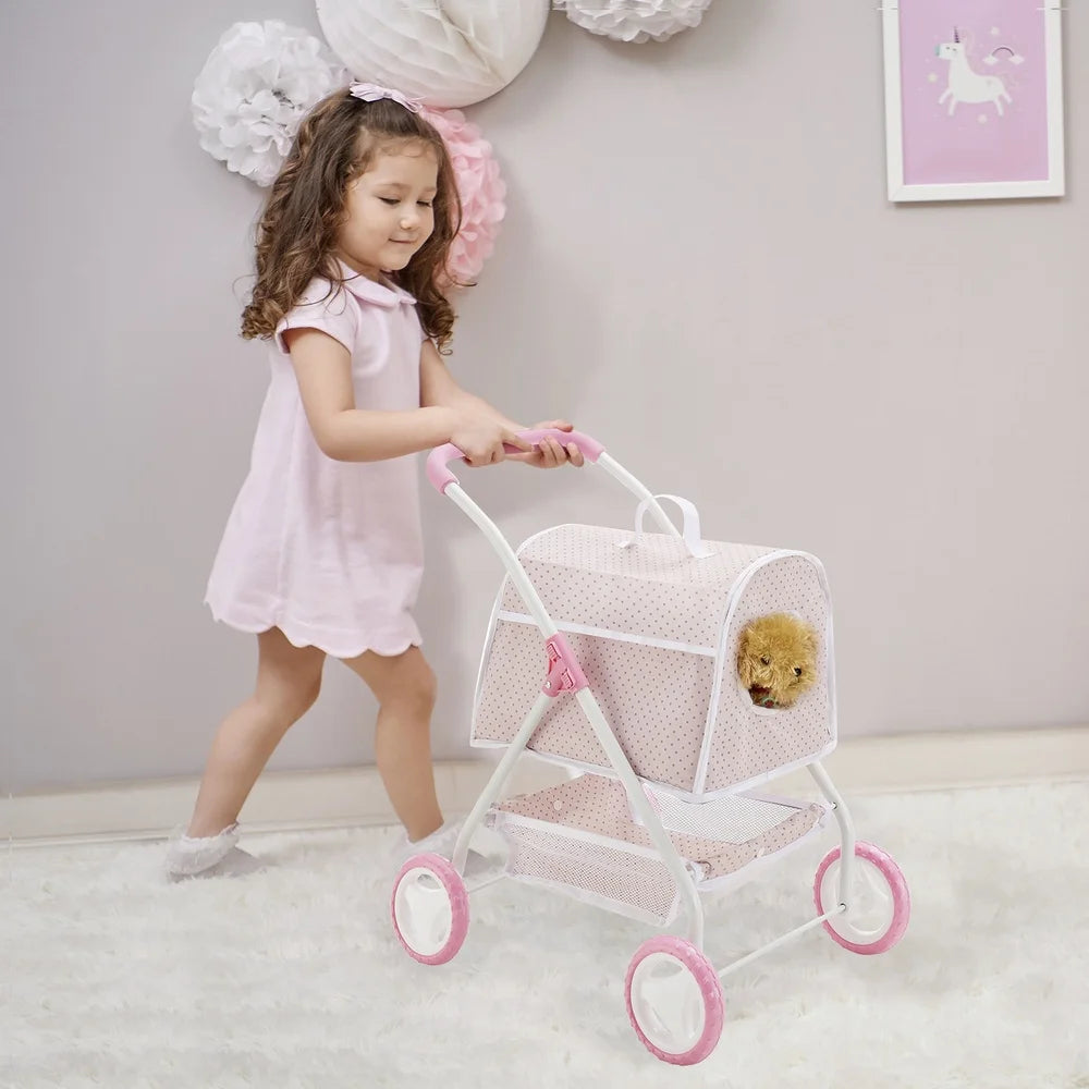2-in-1 Pretend Pet Stroller Carrier Durable Pink Gray Polka Dot Storage Basket Collapsible Design Kid Safe Metal Frame